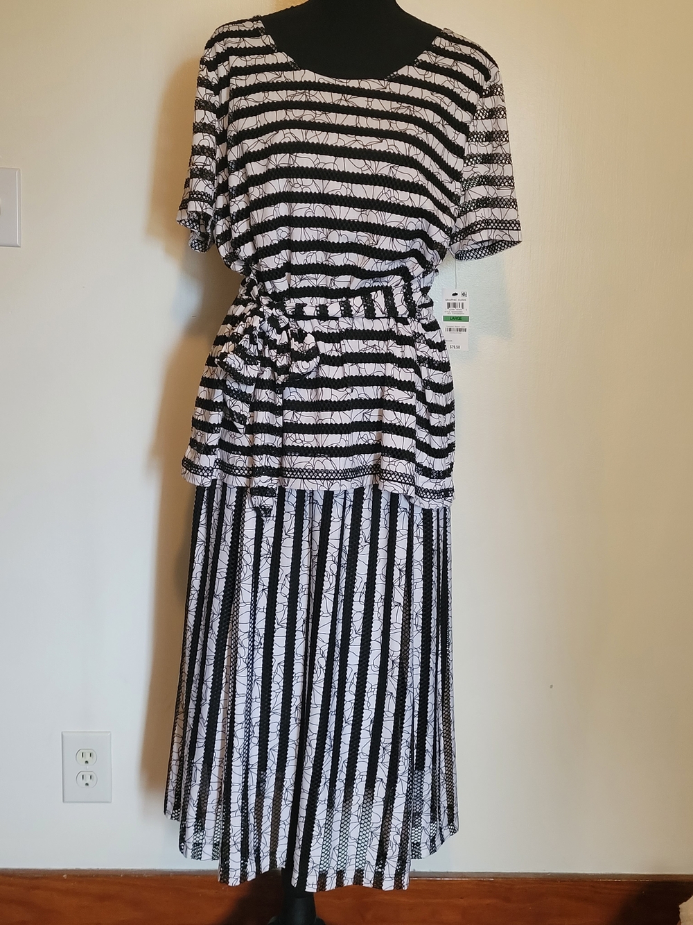 Alfani Set Black and White Striped Short Sleeve Top & Maxi Skirt with Tie Waist